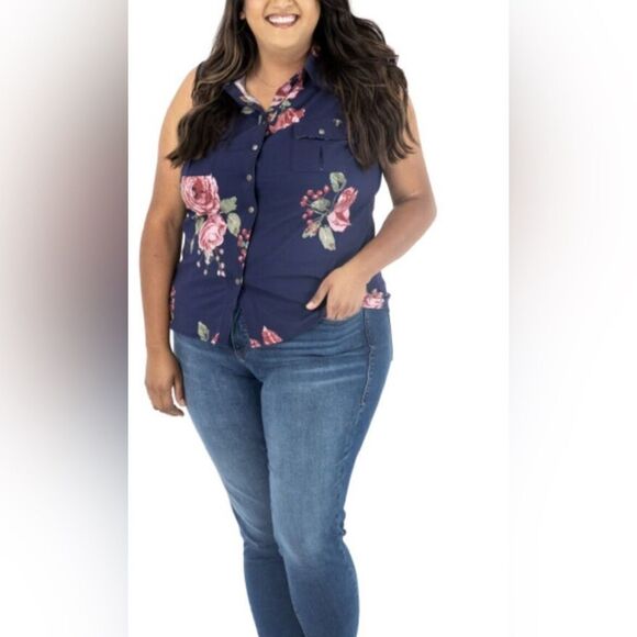 NWT LulaRoe Plus Size Snap Tank “Roxanne” Blue Floral Print Vest - Size 3XL - Picture 1 of 4